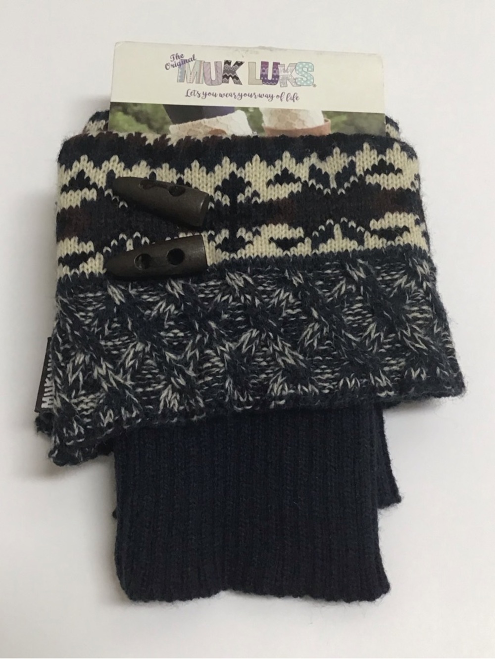Muk Luks Boot Toppers Knit Cuff Navy Blue Brown Argyle Wood Button Acrylic NEW